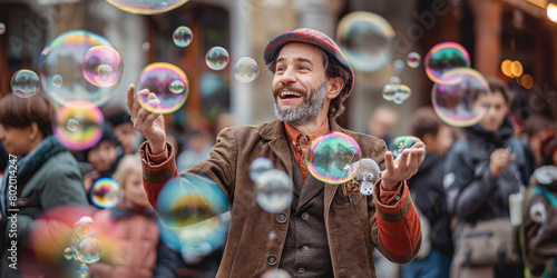 Street performer entertaining the crowd of kids by blowing soap bubbles on sunny summer day. Children playing with colorful soap bubbles floating in the foreground. photo