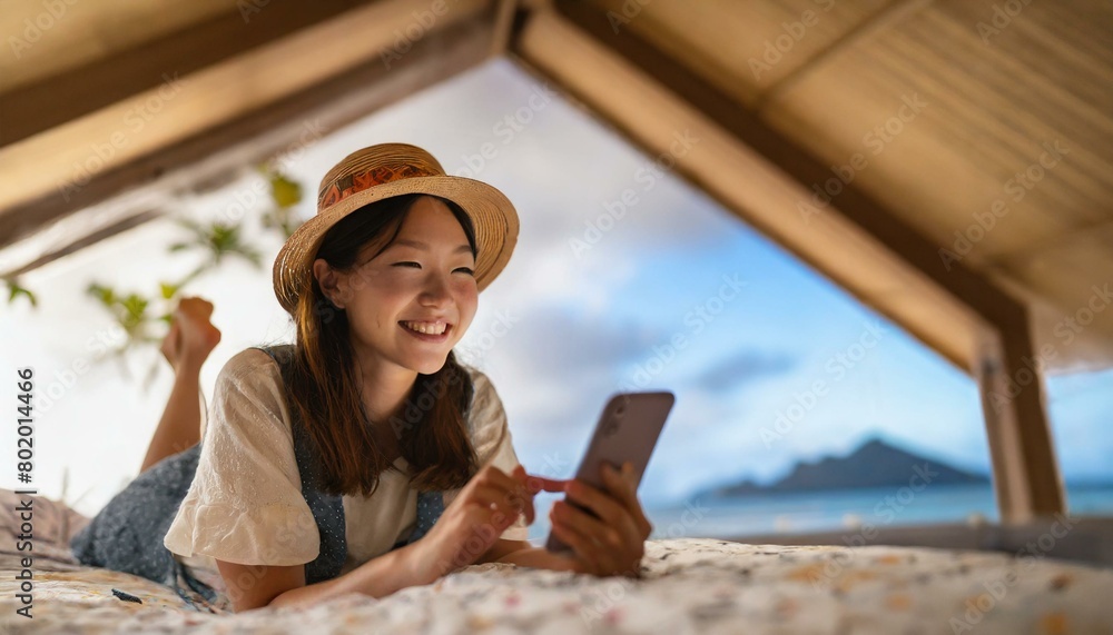 A woman relaxing, smiling and happily using her smartphone.