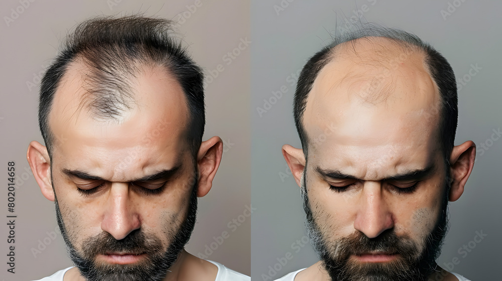 Fototapeta premium Comparison of hair loss treatment in men before and after – a visual journey to success