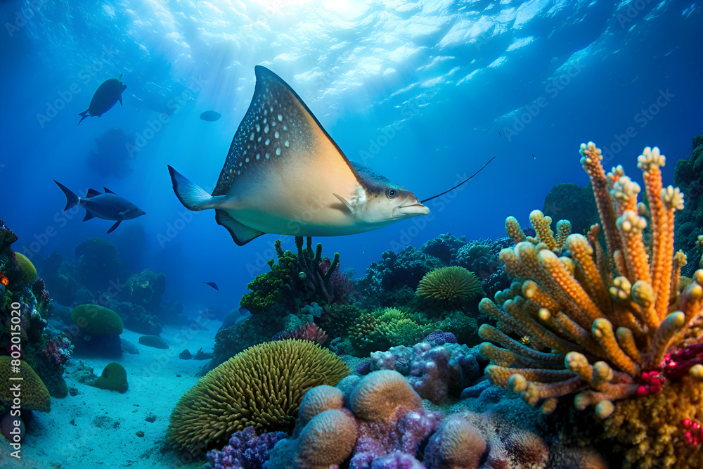 Fototapeta premium stingray fish surrounded by beautiful coral