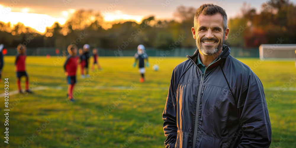 Fototapeta premium Cheerful middle age football coach smiling on a backdrop of his young players on soccer pitch. Sports and active leisure for young kids.