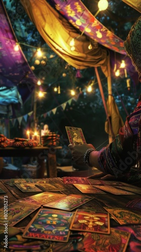 Woman sitting at a table with cards on it. Fortune teller concept bcakground. Vertical background 