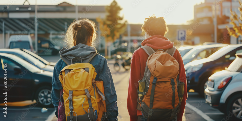 Two young travelers with heavy backpacks walking on a parking lot looking for a car they just rented for their new adventure.