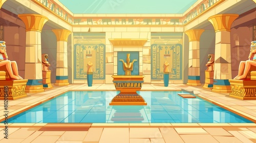 Animated Egyptian pharaoh's tomb cartoon illustration. Egyptian pyramid interior with golden sarcophagus, hieroglyphs, murals, ritual vases, treasures, hieroglyphs