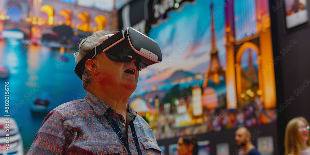 Fototapeta premium Senior person wearing a virtual reality headset at a tech expo. Elderly woman virtually travel to exotic locations in the booth decorated with images of famous landmarks.