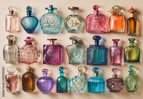 Numerous transparent multicolored perfume bottles on beige background create an artful flat lay still life composition