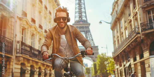 Cheerful young man listening to music in his headphones while riding his bicycle on the street of Paris, with Eiffel tower in a background. © MNStudio