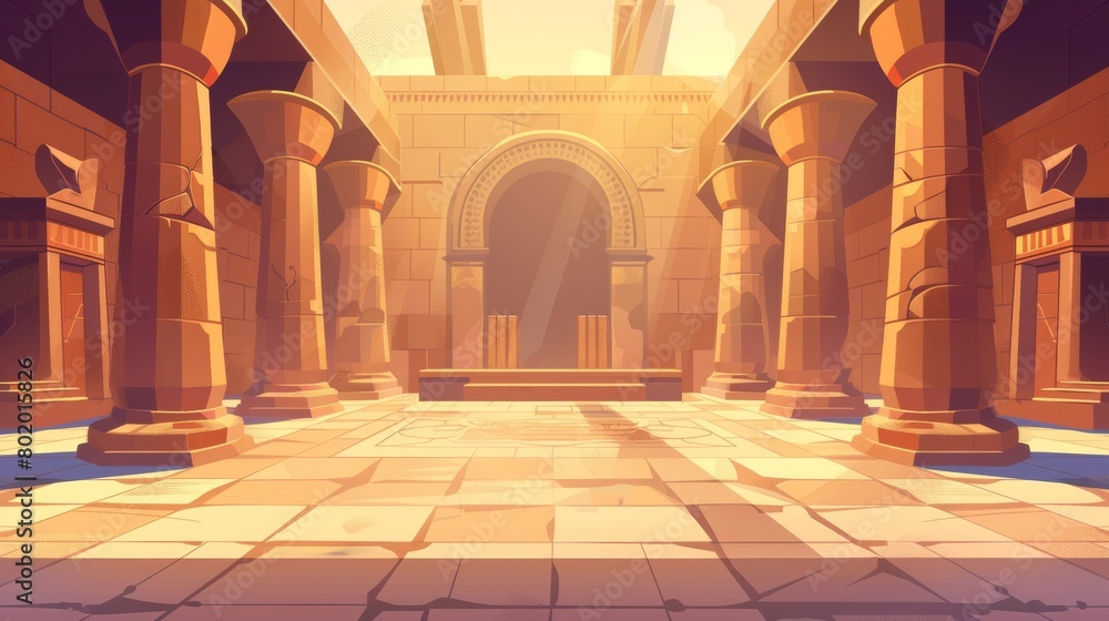 An empty pharaoh tomb or temple room cartoon illustration of ancient Egypt. Egyptian pyramid interior with walls surrounded by stones or sand blocks.