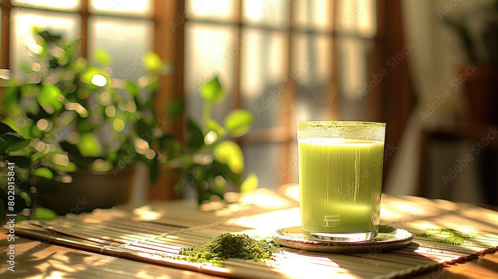 A glass of matcha green tea on a minimal table bathed in warm, morning sunlight. Generative AI. A glass of matcha green tea on a minimal table bathed in warm, morning sunlight. Generative AI.