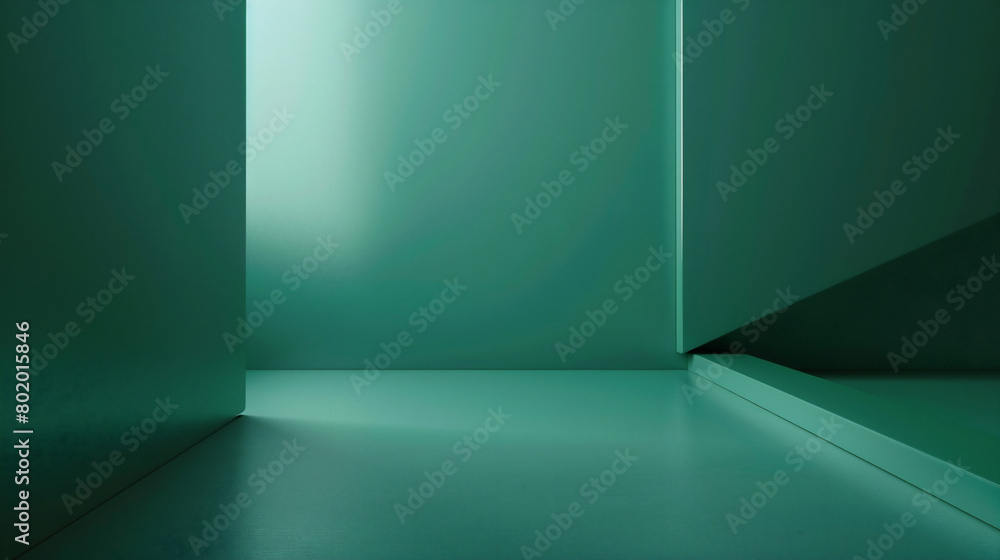 Fototapeta premium Minimalist interior wall in a soft light green and dark teal color, with shadowplay effects.
