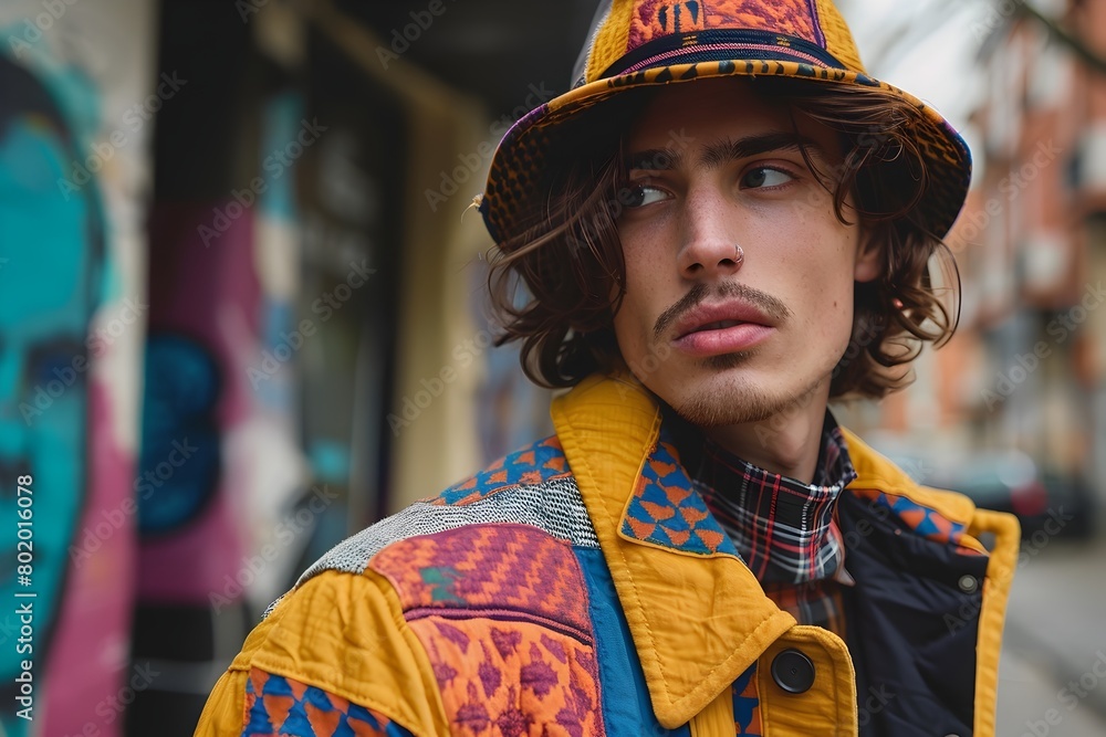 Vibrant Fauvistic Jacket Showcased on Colorful Urban Street Backdrop