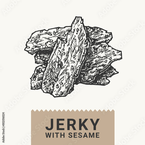 Meat jerky with sesame illustration. Vector hand drawing of sliced and dried meat isolated on a white background.