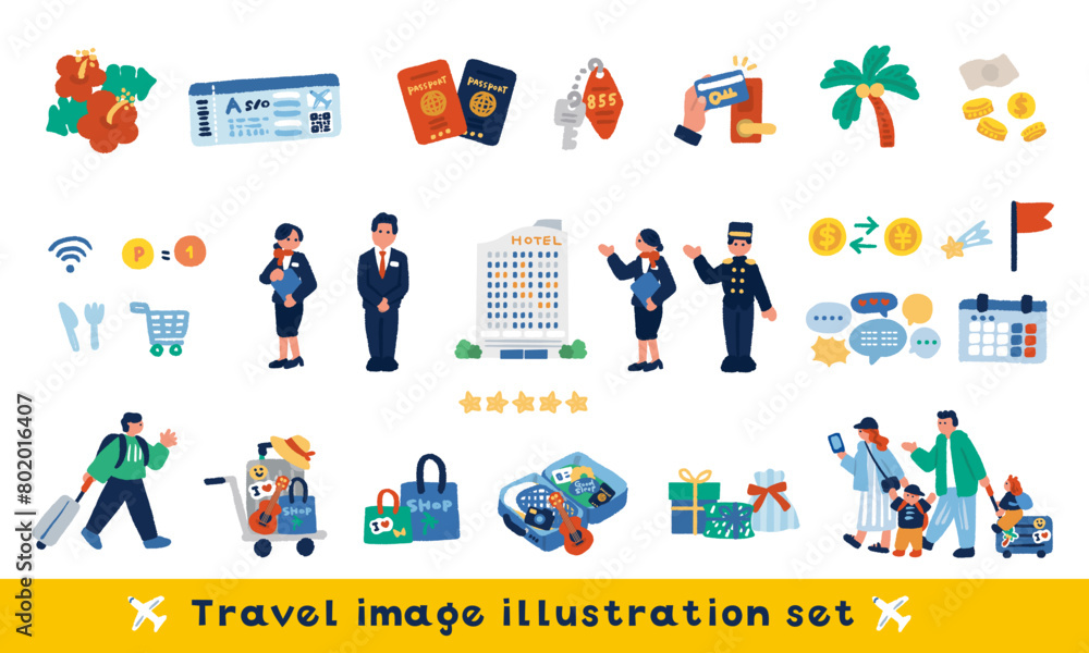 旅行サービスと人々のカラフルな手描きイラストセット
旅行サービスと人々のカラフルな手描きイラストセット