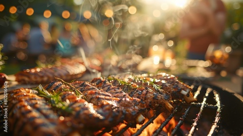 Succulent BBQ grilling against a backdrop of blurred party revelry, adding flavor to the festive occasion. photo