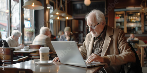 Retired professional sitting in a modern cafe, deeply engrossed in writing his blog on a sleek laptop, with a cup of artisan coffee by his side.