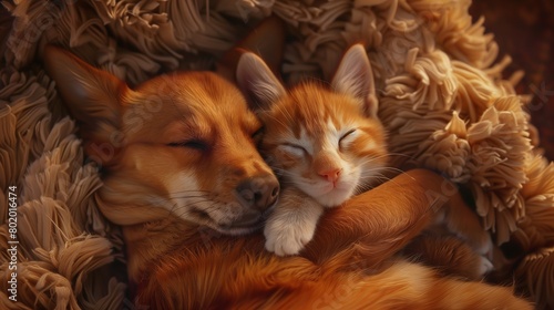 Dog and cat huggs each other and sleeping