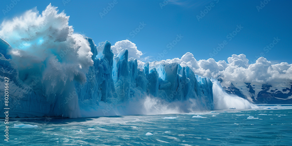 A powerful glacier calves into icy waters, sending a massive splash and ice chunks into the air under a clear blue sky.