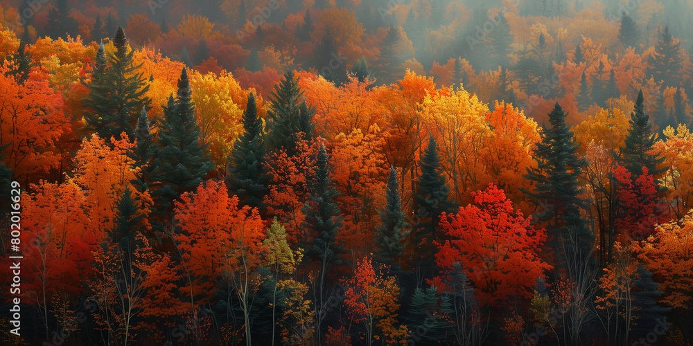 A dense forest explodes with vibrant autumn colors, showcasing a brilliant palette of reds, oranges, and yellows that blanket the landscape in warmth.