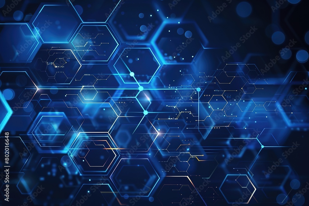 Abstract background with blue lines and hexagons forming an abstract network in the style of technology Abstract background with blue lines and hexagons forming an abstract network in the style of technology