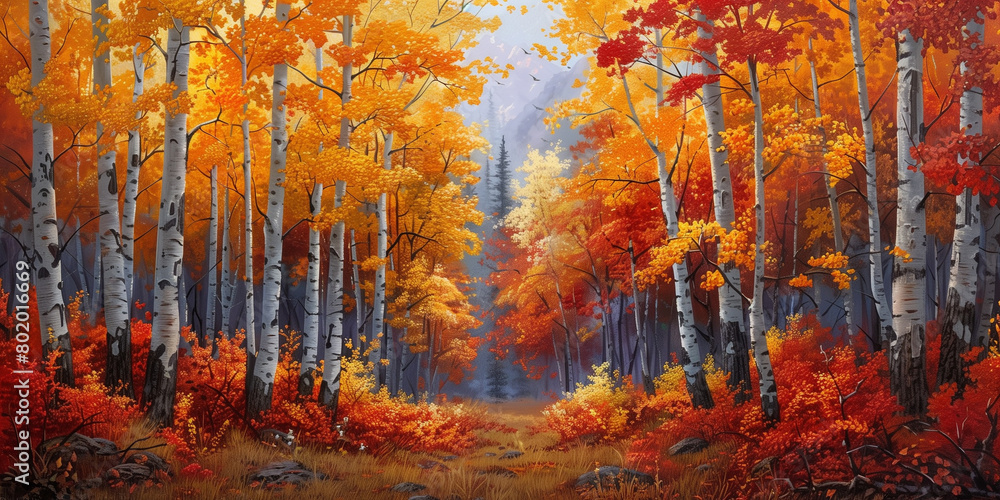 Fototapeta premium A dense forest comes alive with vibrant autumn colors, presenting a vivid tapestry of reds, oranges, and yellows that drape the landscape in warmth.