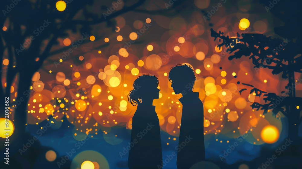 Obraz premium A couple of silhouettes are standing in front of a tree with a bright orange sky