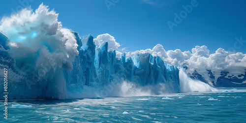 A powerful glacier calves into icy waters, sending a massive splash and ice chunks into the air under a clear blue sky.