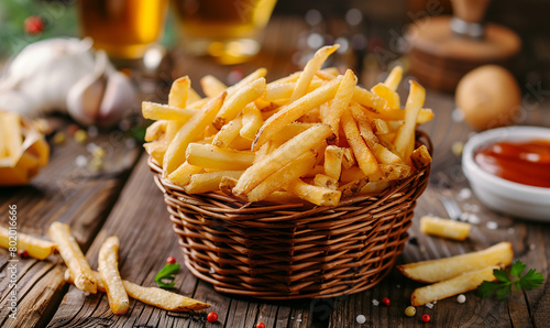 French fries chips in basket on table  street junk food 