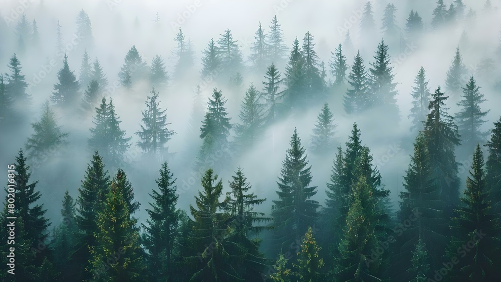 Mysterious foggy forest at sunrise showcasing majestic pine trees. Concept Travel Photography, Nature Scenes, Landscape Photography, Morning Light, Enchanting Moments