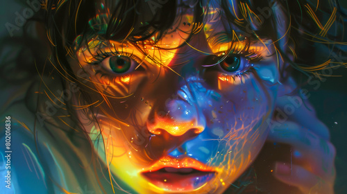 A girl's face is painted with bright colors and has a glowing effect