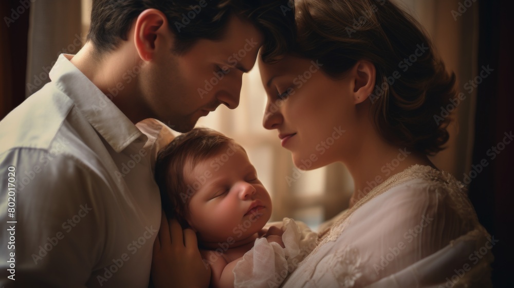 Portrait of parents and newborn baby. Father and mother kiss and hug a beautiful newborn child Portrait of parents and newborn baby. Father and mother kiss and hug a beautiful newborn child