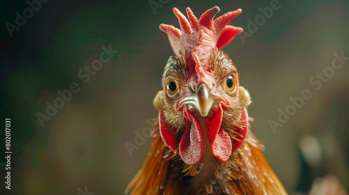 A chicken with a red head and a red beak