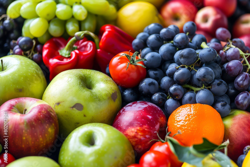 A colorful assortment of fruits and vegetables, including apples, oranges