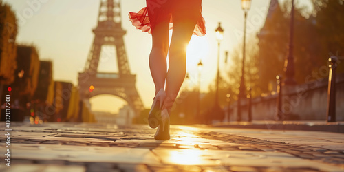 Fototapeta Naklejka Na Ścianę i Meble -  Close-up of legs of a woman wearing light shoes and red dress, walking the drenched in sun street of Paris, with Eiffel tower in background.