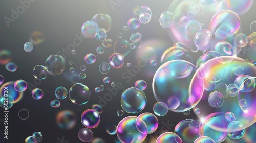 A realistic modern illustration of a soap bubble blower floating on a transparent background. Rainbow air bubbles, floating spheres, children's summer fun. photo