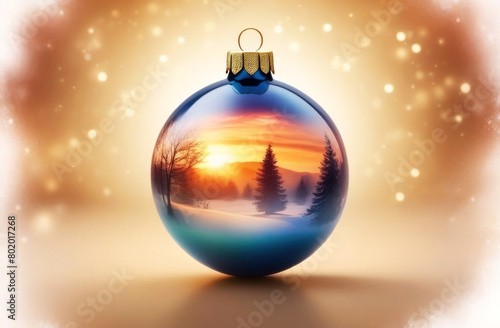 A mesmerizing Christmas bauble encapsulating a serene winter sunset scene