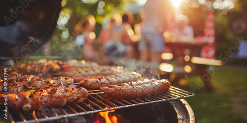 Group of cheerful young friends having a backyard barbecue party, grilling meat, drinking beer and relaxing on a sunny summer day outdoors. photo