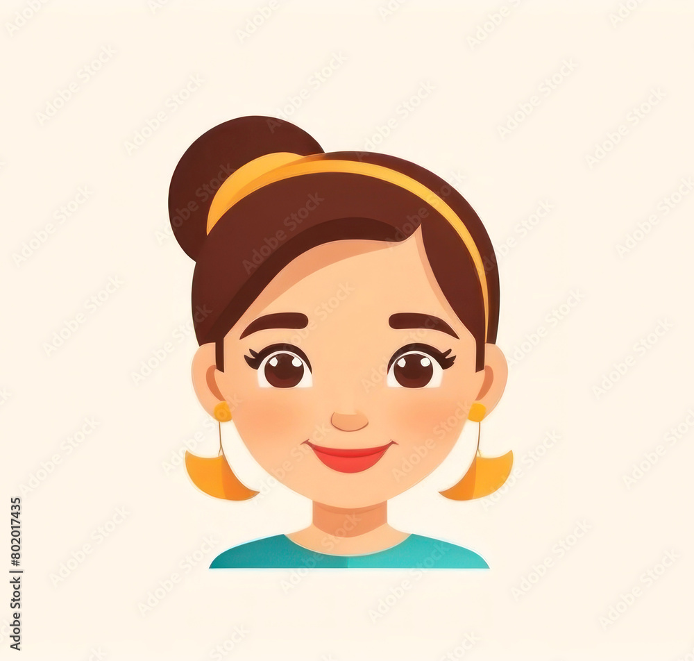 Admire this cute and modern digital illustration of a smiling girl with a stylish updo and golden accessories Admire this cute and modern digital illustration of a smiling girl with a stylish updo and golden accessories