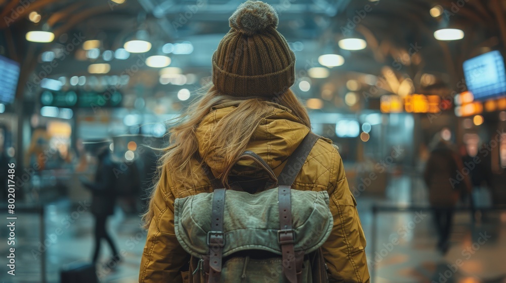 Beautiful traveler with a trendy backpack exploring the airport, blending fashion and functionality effortlessly. Beautiful traveler with a trendy backpack exploring the airport, blending fashion and functionality effortlessly.