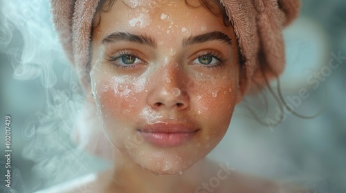 Beautiful woman using a facial steamer, enjoying the hydrating benefits and spa-like experience of at-home skincare. photo