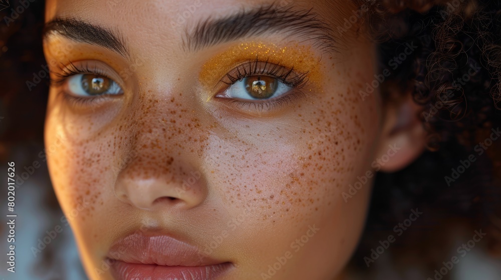 Close-up of a confident woman applying a brightening serum to her face, addressing hyperpigmentation for a more even complexion.