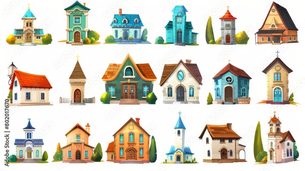 Modern illustration of a retro colonial style building set. Isolated on a white background are old residential and government buildings, a church, and Victorian houses. Modern illustration of a retro colonial style building set. Isolated on a white background are old residential and government buildings, a church, and Victorian houses.