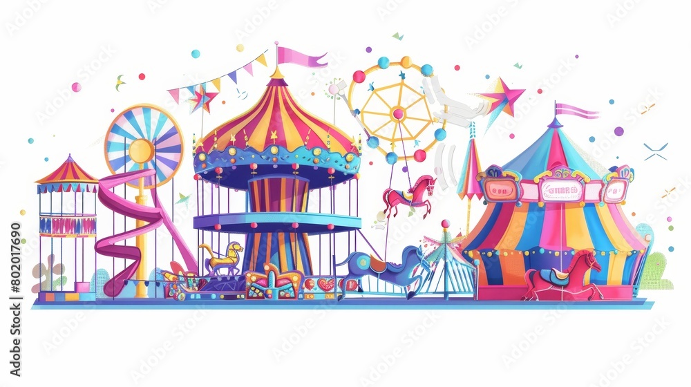 Cartoon illustration for amusement park, carnival or festive fair with circus tent arrow pointer, carousel, merry-go-round, waterslide and elements for children's summer fun isolated on white Cartoon illustration for amusement park, carnival or festive fair with circus tent arrow pointer, carousel, merry-go-round, waterslide and elements for children's summer fun isolated on white
