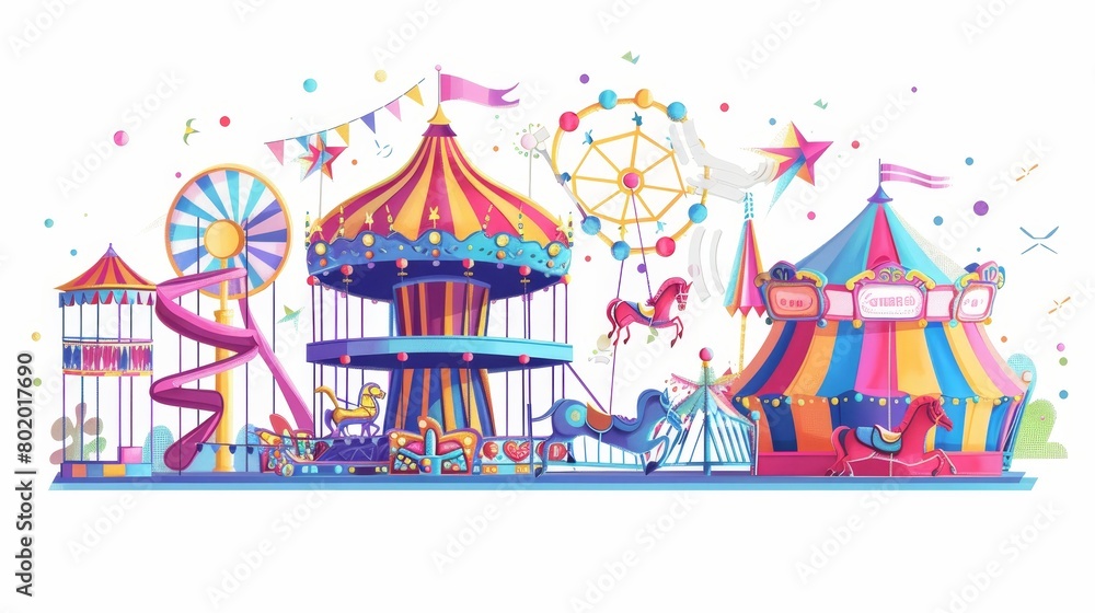 Cartoon illustration for amusement park, carnival or festive fair with circus tent arrow pointer, carousel, merry-go-round, waterslide and elements for children's summer fun isolated on white