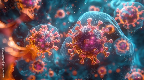 Detailed 3D rendering of viruses floating in a fluid environment, showcasing vibrant colors and dynamic motion, symbolizing the microscopic world of pathogens.