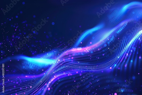 Blue background with glowing dots and purple lines forming waves