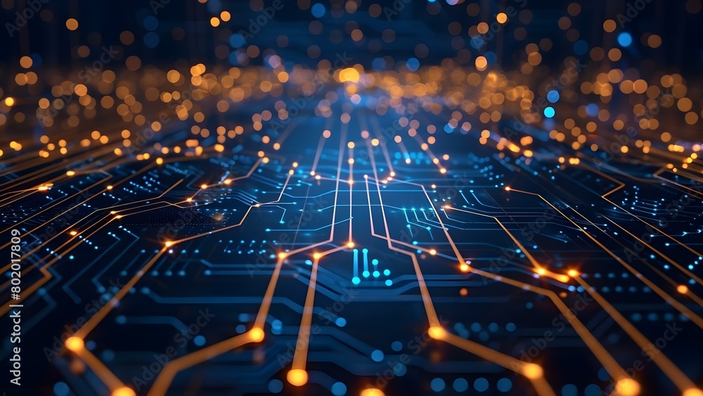 Digital circuit board with glowing wireframe nodes in dark blue background . Concept Technology, Digital Art, Circuit Board, Glowing Nodes, Dark Blue Background Digital circuit board with glowing wireframe nodes in dark blue background . Concept Technology, Digital Art, Circuit Board, Glowing Nodes, Dark Blue Background
