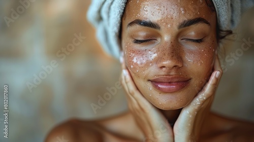 A serene woman enjoying a relaxing facial massage  relieving tension and promoting glowing skin with self-care.