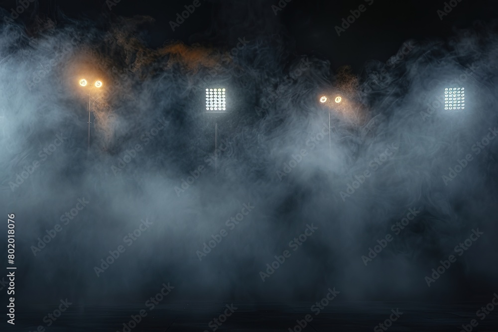 Dark background filled with smoke and stadium lights Dark background filled with smoke and stadium lights