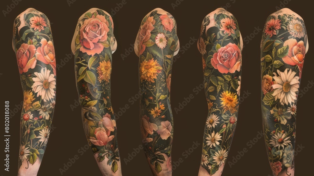 Artful representation of a floral tattoo with roses and lilies, embodying growth and life, showcased vividly against a simple background, emphasizing the artistry