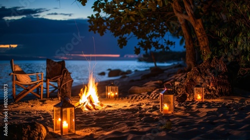 A private beach bonfire set up for a romantic evening under the stars with a gourmet smores bar.